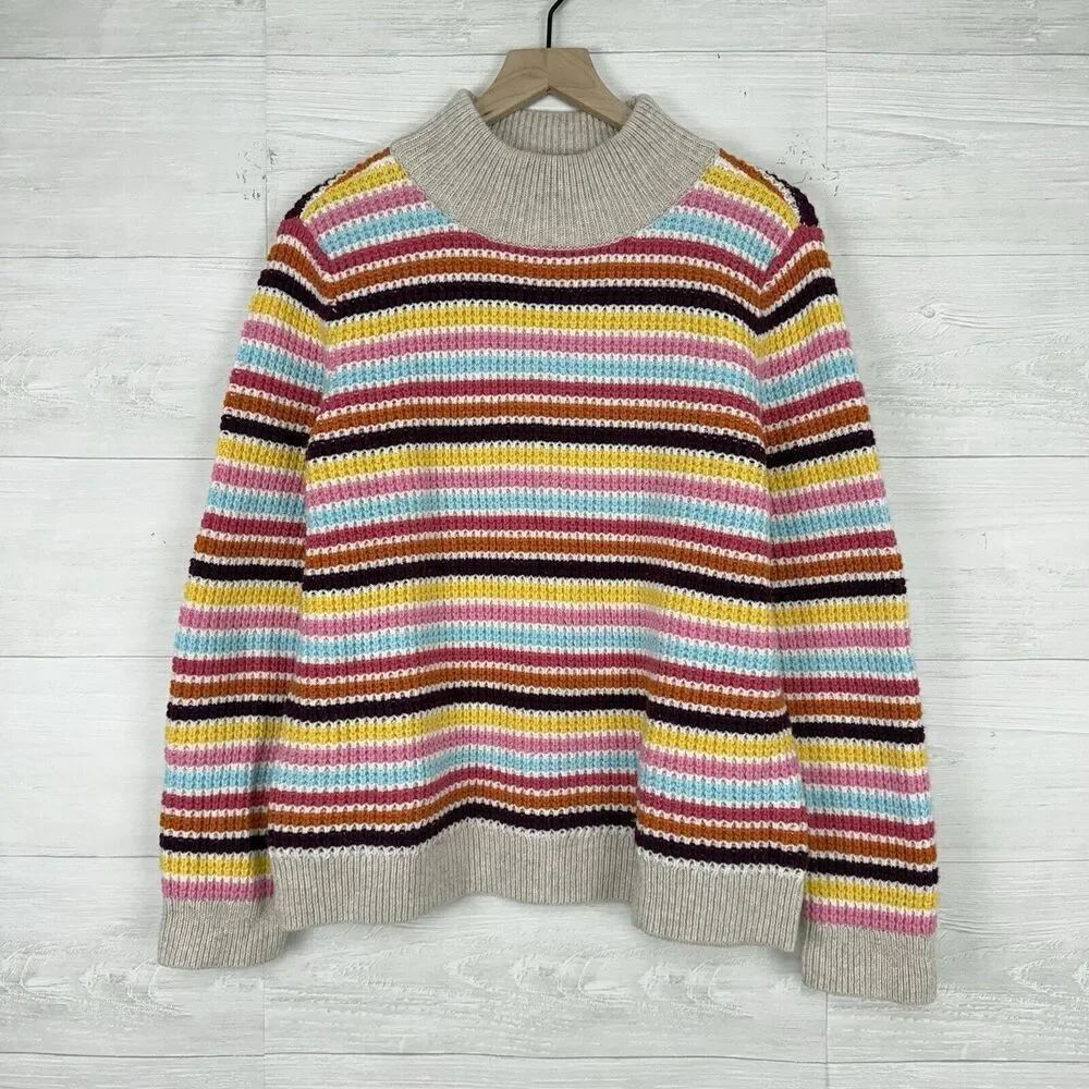 Talbots Mockneck Sweater Women L Happy Stripe Classic Cotton Blend Preppy Fun‎ - Picture 2 of 15